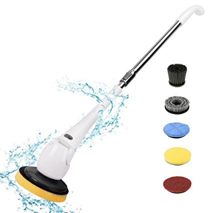 Spin Scrubber, EVERTOP Cordless Electric Power Scrubber with Extension Handle & 5 Replacement Scrub Brush Heads for Bathroom, Hardwood Floor, Swimming Pool (cleaning scrubber)