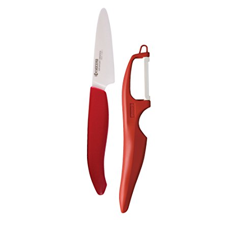 Kyocera Advanced Ceramic 3-inch Paring Knife with Vertical Double Edge Peeler, Red