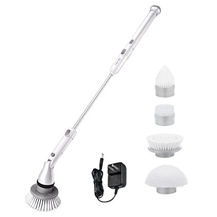 Homitt Electric Spin Scrubber, 360 Cordless Tub and Tile Scrubber with 4 Replaceable Cleaning Scrubber Brush Heads, 1 Extension Arm and Adapter for Bathroom, Floor, Wall and Kitchen