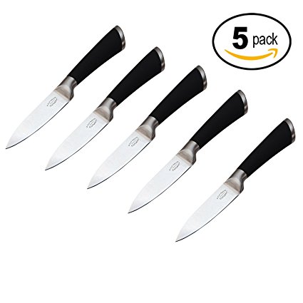 A Cut Above Cutlery 5 Pack Paring Knives Forged Stainless Steel, Slip Resistant Grip, 3.5 Inch Blade Holds Edge Well So You Sharpen Less Often. Peel, Core, Prep, Fruit, Veggies, Sushi (5 Items)