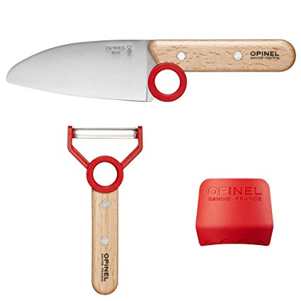 Opinel Le Petit Chef Complete Box Set (3 Piece Set) Educational Cooking Equipment for Kids with Stainless Steel Chef Knife, Vegetable Peeler, and Child Safety Finger Guard