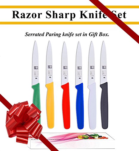 6-Piece Serrated Paring Knife Set. Great For All Kind of Kitchen Prep work, Like Chopping Mincing Dicing. Set Includes One Red, Blue, Yellow, Green,Black and White knives. By ICEL,