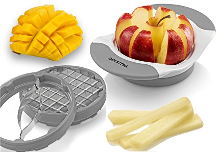 Gourmia 3 In 1 Handle Push Cutter, Mango, Apple Slicer & Corer With Bonus French Fries Blade, 3 Stainless Steel And Interchangeable Blades, Durable BPA free food safe material