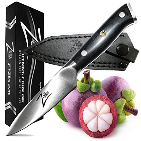 Zelite Infinity Paring Knife 4 inch >> Alpha-Royal Series >> Best Quality German Steel – Razor Sharp, Superb Edge Retention, Stain & Corrosion Resistant Chef Knives, Ultra-Premium Leather Sheath” class=”aligncenter”></a><br /><a href=