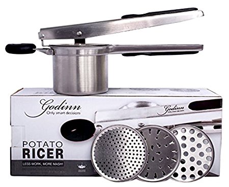 Potato Ricer & Masher By Godinn Durable Stainless Steel Construction Ergonomic Silicone Handles Ideal For Potatoes, Carrots, Cauliflower & More Heavy Duty, Baby Food Strainer