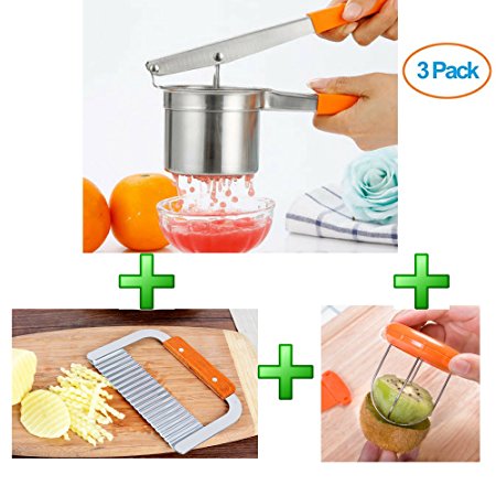 Potato Masher Ricer, Wavy Crinkle Cutter, Peeler and Grater Set - Make French Fries, Mashed Baby Food, Fruit and Veggie Juices Easily (Potato Ricer, Wavy Crinkle Cutter and Free Kiwi cutter)